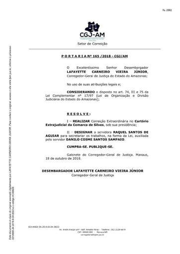 Portaria nº165/2018-CGJ/AM (Realiza Correição Extraordinária no Cartório Extrajudicial da Comarca de Silves)