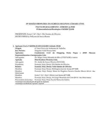 Pauta de Julgamento da Sessão Ordinária da Segunda Câmara Cível - 23.08.2021 (Videoconferência)