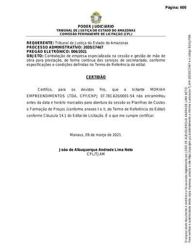 PREGÃO ELETRÔNICO Nº 006/2021 – CERTIDÃO - MORIAH