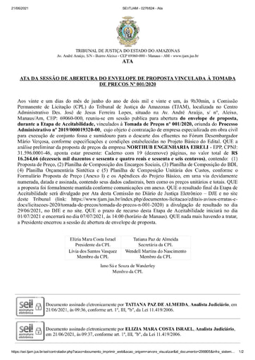TOMADA DE PREÇOS Nº 001/2020 - ATA DA SESSÃO 21/06/2021 - ABERTURA ENVELOPE DE PROPOSTA
