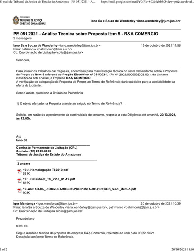 PREGÃO ELETRÔNICO Nº 51/2021 - E-MAIL DILIGÊNCIA - PROPOSTA - ITEM 5 - R&A COMERCIO