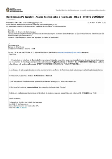 PREGÃO ELETRÔNICO Nº 022/2021 - DILIGÊNCIA CPL À DIVISÃO DE PATRIMÔNIO - DOCUMENTOS COMPLEMENTARES - ITEM 6 - ORBITY COMÉRCIO