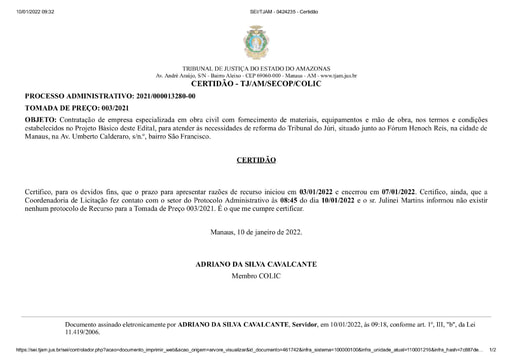 TOMADA DE PREÇOS 003/2021 - CERTIDÃO