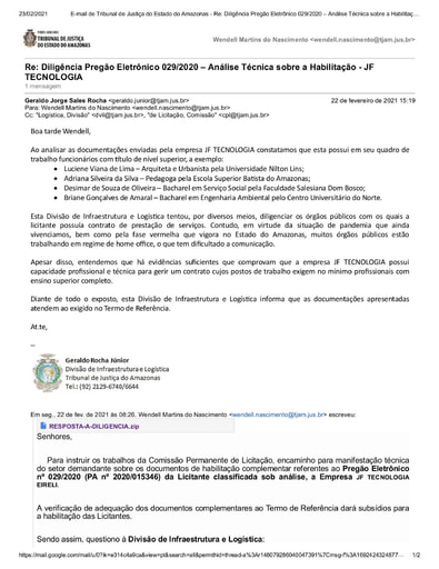 PREGÃO ELETRÔNICO Nº 029/2020 – DILIGÊNCIA CPL À DIVISÃO DE INFRAESTRUTURA E LOGÍSTICA - DOCUMENTAÇÃO - JF TECNOLOGIA
