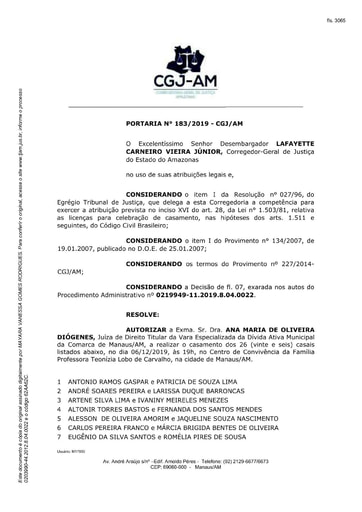 Portaria nº183/2019-CGJ/AM (Autoriza a Dra. Ana Maria de Oliveira Diógenes a realizar o casamento de 26 casais)