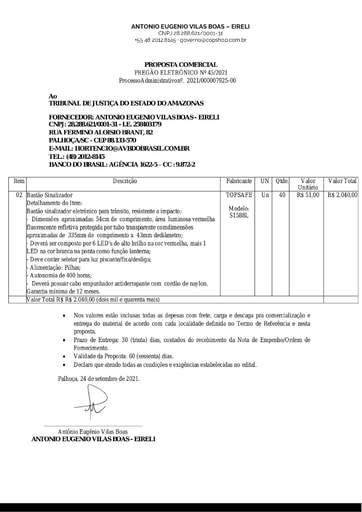 PREGÃO ELETRÔNICO Nº 45/2021 - PROPOSTA RETIFICADA - ITEM 2 - ANTONIO