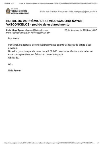 CONCURSO DE ARTIGO CIENTÍFICO Nº 001/2024 - PEDIDO DE ESCLARECIMENTO - LIVIA RYMER