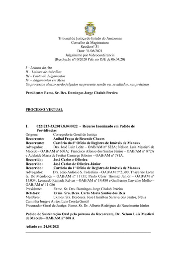 Pauta de Julgamento do Conselho da Magistratura para o dia 31.08.2021