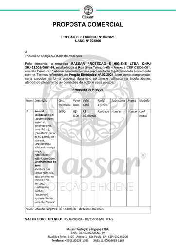 PREGÃO ELETRÔNICO Nº 002/2021 – PROPOSTA RETIFICADA - ITEM 7 - MASSAR PROTEÇÃO