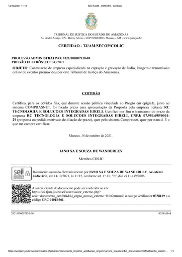PREGÃO ELETRÔNICO Nº 043/2021 – CERTIDÃO - DECURSO DE PRAZO - RC TECNOLOGIA