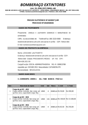 PREGÃO ELETRÔNICO Nº 010/2020 - PROPOSTA - ZANELLA E LAUTHARTH