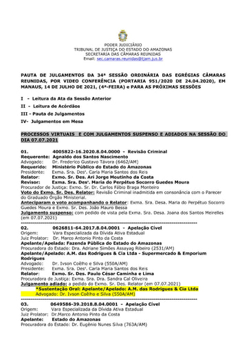 PAUTA DE JULGAMENTOS DO DIA 14 07 2021
