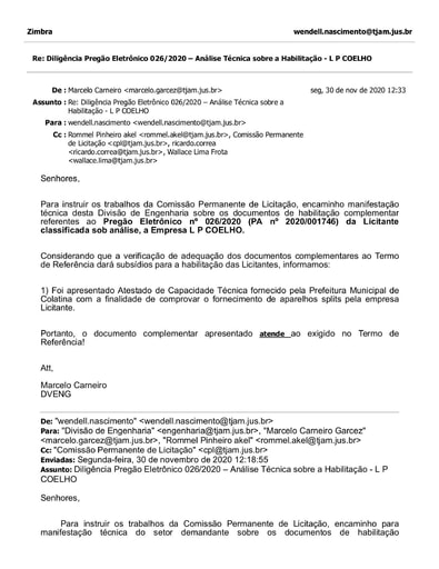 PREGÃO ELETRÔNICO Nº 026/2020 - DILIGÊNCIA CPL À DIVISÃO DE ENGENHARIA - DOC. COMPLEMENTAR - L P COELHO