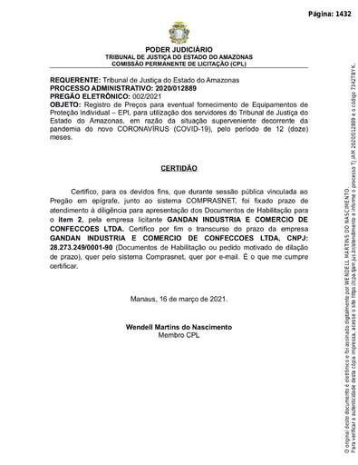 PREGÃO ELETRÔNICO Nº 002/2021 - CERTIDÃO DECURSO DE PRAZO - HABILITAÇÃO - ITEM 2 - GANDAN