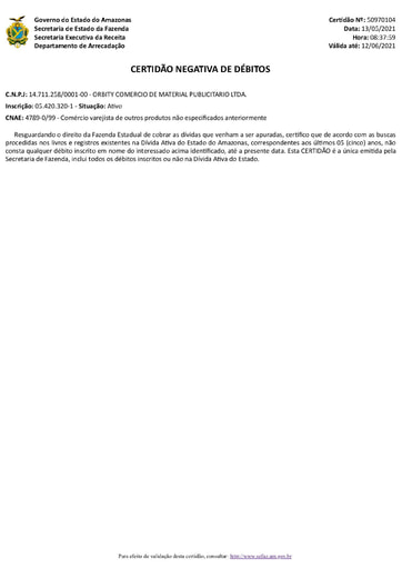 PREGÃO ELETRÔNICO Nº 023/2021 - DOCS. RETIRADOS DO SICAF E SITES - ORBITY COMERCIO - GRUPO 2