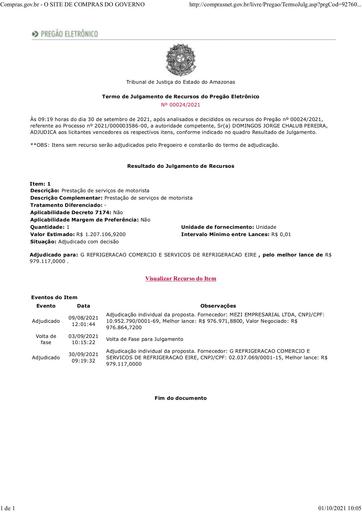 PREGÃO ELETRÔNICO Nº 024/2021 - TERMO DE ADJUDICAÇÃO