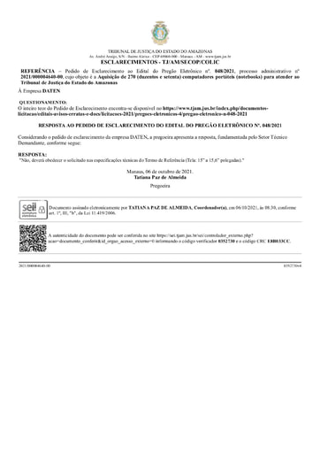 PREGÃO ELETRÔNICO Nº 48/2021 - RESPOSTA AO PEDIDO DE ESCLARECIMENTO - DATEN