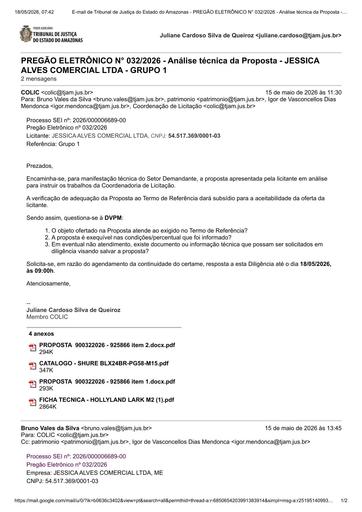 PREGÃO ELETRÔNICO Nº 032/2026 - DILIGÊNCIA COLIC À DVPM - PROPOSTA - GRUPO 1 - JESSICA ALVES COMERCIAL LTDA
