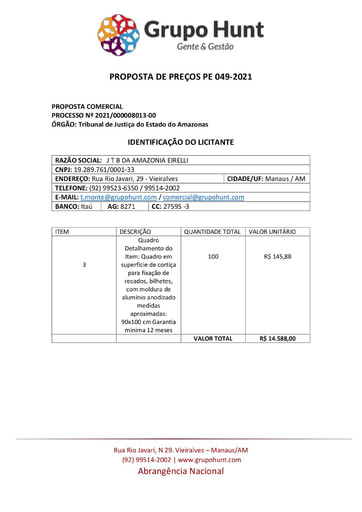 PREGÃO ELETRÔNICO Nº 49/2021 - PROPOSTA - ITEM 3 - JTB