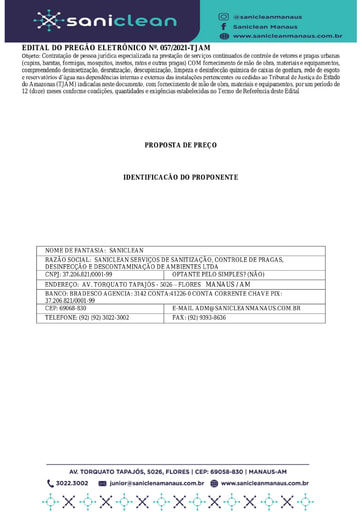 PREGÃO ELETRÔNICO Nº 57/2021 - PROPOSTA RETIFICADA - SANICLEAN