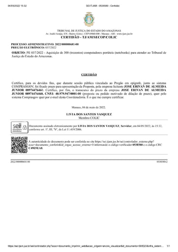 PREGÃO ELETRÔNICO N° 037/2022 - CERTIDÃO - DECURSO DE PRAZO - JOSE ERIVAN