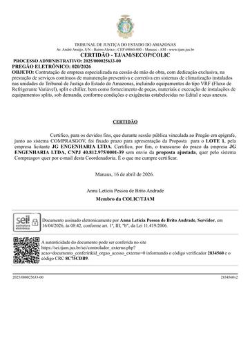 PREGÃO ELETRÔNICO Nº 020/2026 - CERTIDÃO DE DECURSO DE PRAZO - JG ENGENHARIA LTDA - LOTE 1