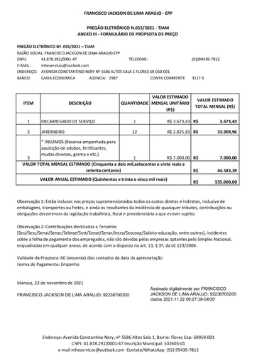 PREGÃO ELETRÔNICO Nº 55/2021 - PROPOSTA - FRANCISCO