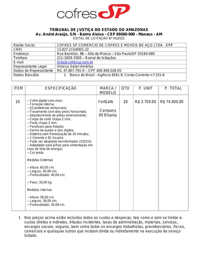 PREGÃO ELETRÔNICO Nº 45/2021 - PROPOSTA - ITEM 10 - COFRES
