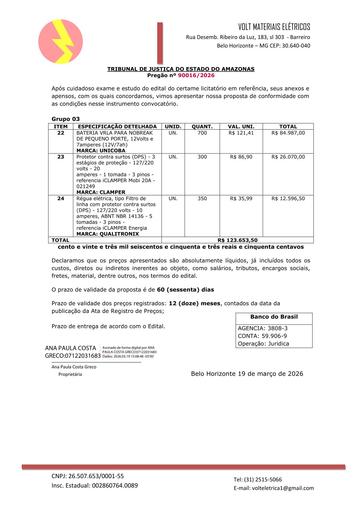 PREGÃO ELETRÔNICO Nº 016/2026 - PROPOSTA - VOLT MATERIAIS ELETRICOS LTDA - GRUPO 3