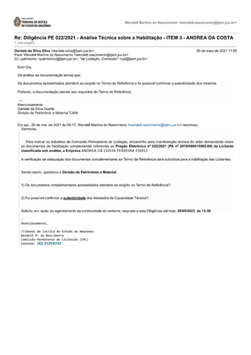 PREGÃO ELETRÔNICO Nº 022/2021 – DILIGÊNCIA CPL À DIVISÃO DE PATRIMÔNIO - DOCUMENTOS COMPLEMENTARES - ITEM 3 - ANDREA DA COSTA