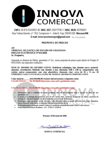 PREGÃO ELETRÔNICO Nº 011/2020 - PROPOSTA - ITEM 19 - INNOVA COMERCIO