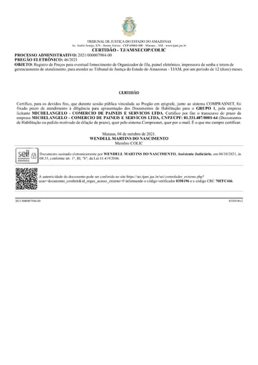 PREGÃO ELETRÔNICO Nº 46/2021 - CERTIDÃO DECURSO DE PRAZO - HABILITAÇÃO - GRUPO 1 - MICHELANGELO
