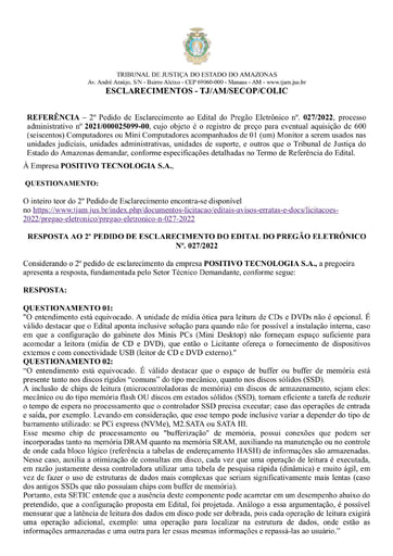 PREGÃO ELETRÔNICO Nº 027/2022 - RESPOSTA AO 2º PEDIDO DE ESCLARECIMENTO - POSITIVO