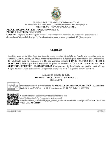 PREGÃO ELETRÔNICO Nº 026/2021 - CERTIDÃO DECURSO DE PRAZO - HABILITAÇÃO - GRUPO 3, 7 E 14 - T DA S LUSTOSA