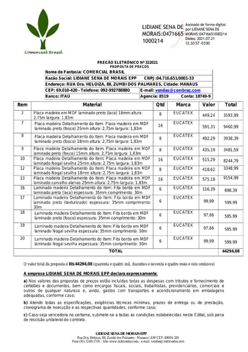 PREGÃO ELETRÔNICO Nº 032/2021 - PROPOSTA RETIFICADA ITENS 2,7,8,9,10,12,13,16,17,18,19,20 - LIDIANE