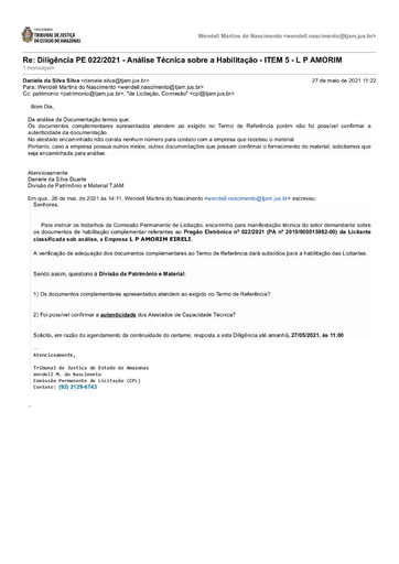 PREGÃO ELETRÔNICO Nº 022/2021 - DILIGÊNCIA CPL À DIVISÃO DE PATRIMÔNIO - DOCUMENTOS COMPLEMENTARES - ITEM 5 - L P AMORIM