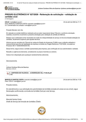 PREGÃO ELETRÔNICO Nº 027/2026 - DOCUMENTAÇÃO COMPLEMENTAR - GRUPOS 1,2 E 4 - A RODRIGUES COM E SERVICOS LTDA