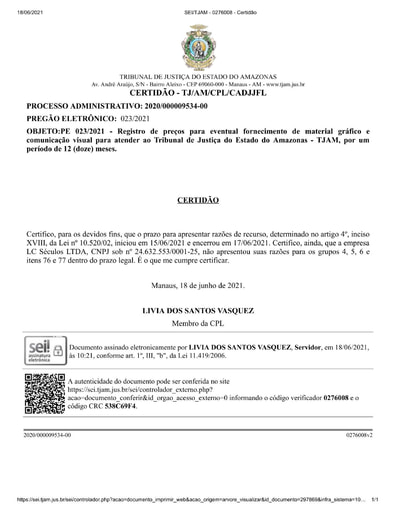 PREGÃO ELETRÔNICO Nº 023/2021 - CERTIDÃO DE RAZÕES NÃO APRESENTADAS - LC SÉCULOS LTDA
