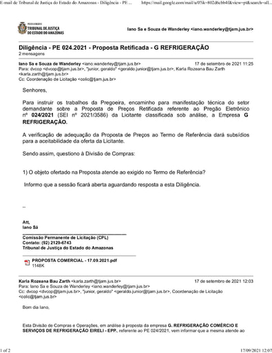 PREGÃO ELETRÔNICO Nº 024/2021 - DILIGÊNCIA COLIC À DIVISÃO DE COMPRAS - PROPOSTA RETIFICADA - G REFRIGERAÇÃO