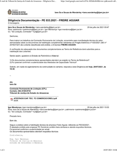 PREGÃO ELETRÔNICO Nº 033/2021 - DILIGÊNCIA CPL À DIVISÃO DE PATRIMÔNIO - HABILITAÇÃO - FREIRE AGUIAR