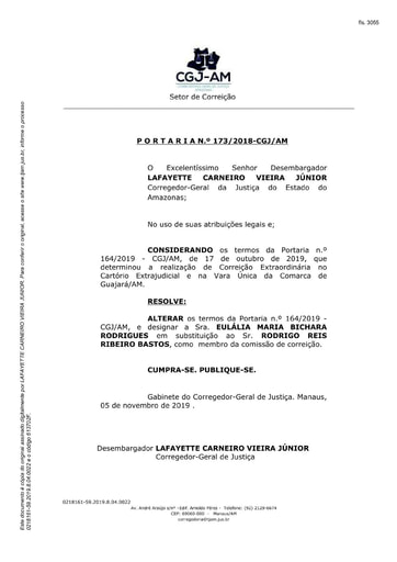 Portaria nº173/2019-CGJ/AM (Altera os termos da Portaria nº 164/2019-CGJ/AM para designar a Sra. Eulália Maria Bichara Rodrigues em substituição ao Sr. Rodrigo Reis Ribeiro Bastos na comissão de correição)