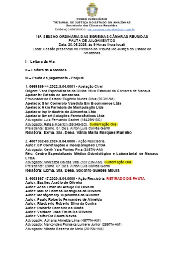 16ª Sessão Ordinária de Julgamento das E. Câmaras Reunidas - 20.05.2026, às 9:00 (hora local)