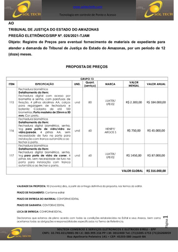 PREGÃO ELETRÔNICO Nº 026/2021 - PROPOSTA - GRUPO 13 - SOL TECH