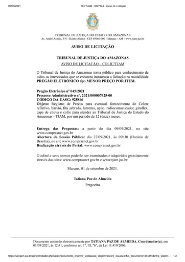 PREGÃO ELETRÔNICO Nº 45/2021 - AVISO DE LICITAÇÃO