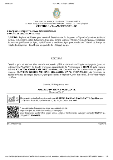 PREGÃO ELETRÔNICO Nº 037/2021 - CERTIDÃO DECURSO DE PRAZO - ITEM 11 - CLAYTON