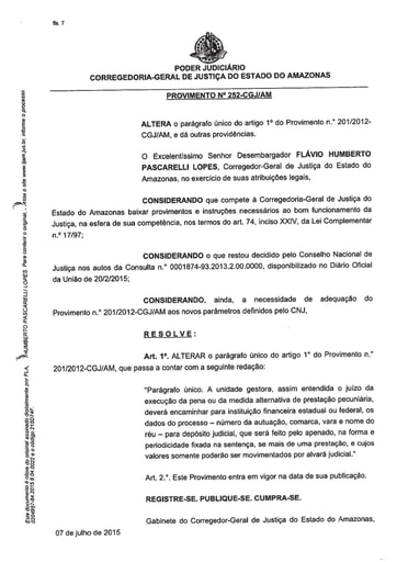 PROVIMENTO 252 - Altera o parágrafo único do artigo 1º do Provimento nº 201/2012-CGJ/AM