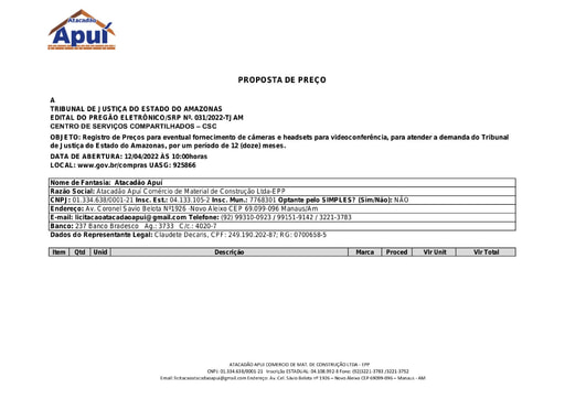 PREGÃO ELETRÔNICO Nº 031/2022 - PROPOSTA - ATACADÃO