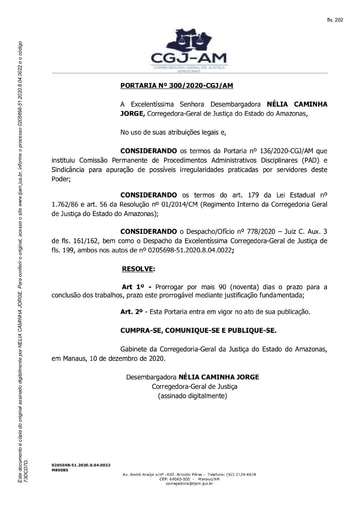 Portaria nº 300/2020-CGJ/AM (Prorrogar por mais 90 (noventa) dias o prazo para a conclusão dos trabalhos, prazo este prorrogável mediante justificação fundamentada)