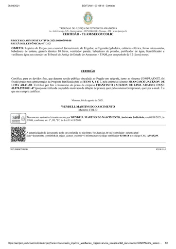 PREGÃO ELETRÔNICO Nº 037/2021 - CERTIDÃO DECURSO DE PRAZO - ITENS 5, 6 E 7 - FRANCISCO JACKSON