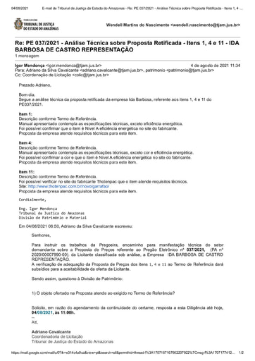 PREGÃO ELETRÔNICO Nº 037/2021 – DILIGÊNCIA CPL À DIVISÃO DE PATRIMÔNIO - PROPOSTA RETIFICADA - ITENS 1, 4 E 11 - IDA